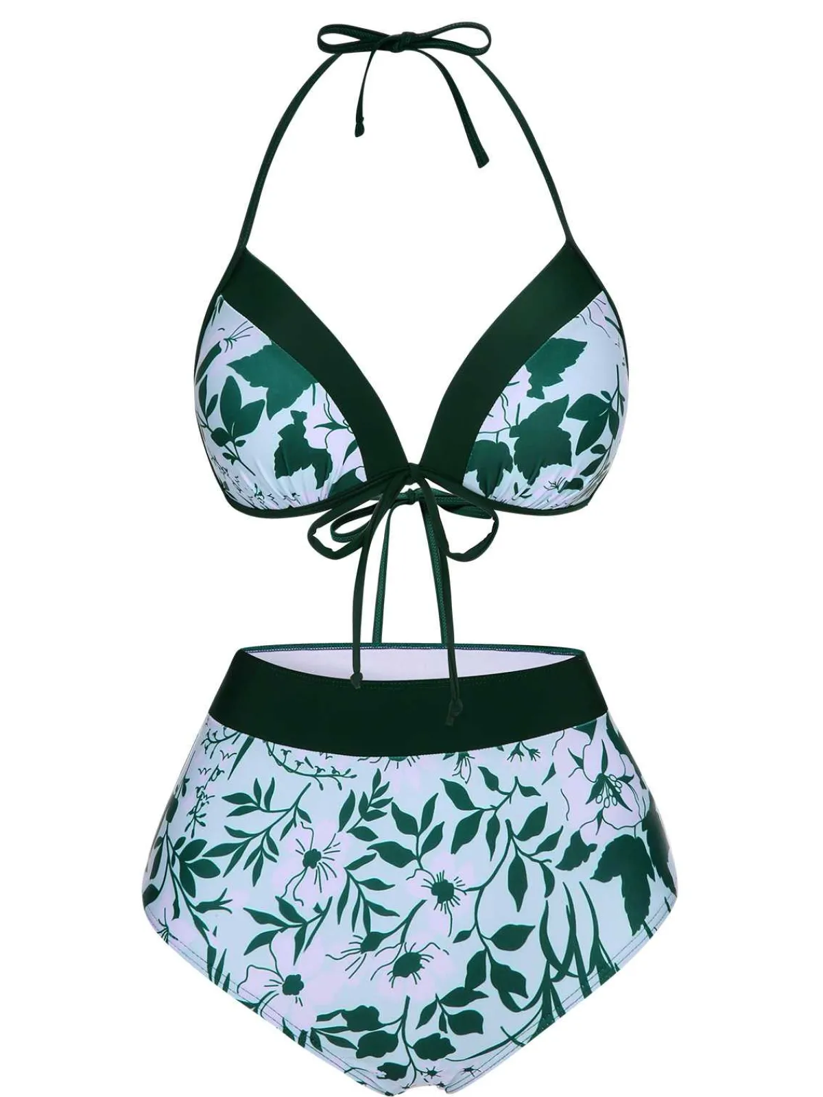 Best Retro Stage 1950s Halter Plants Print Swimsuit & Cover-Up Green
