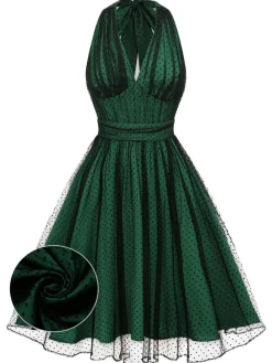 Sale Retro Stage Green 1950s Halter Polka Dots Mesh Dress