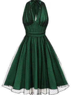 Sale Retro Stage Green 1950s Halter Polka Dots Mesh Dress