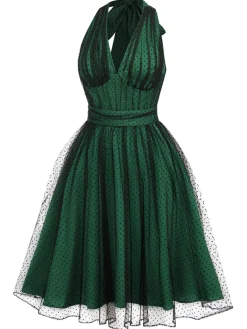 Sale Retro Stage Green 1950s Halter Polka Dots Mesh Dress