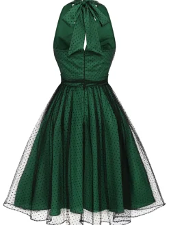 Sale Retro Stage Green 1950s Halter Polka Dots Mesh Dress