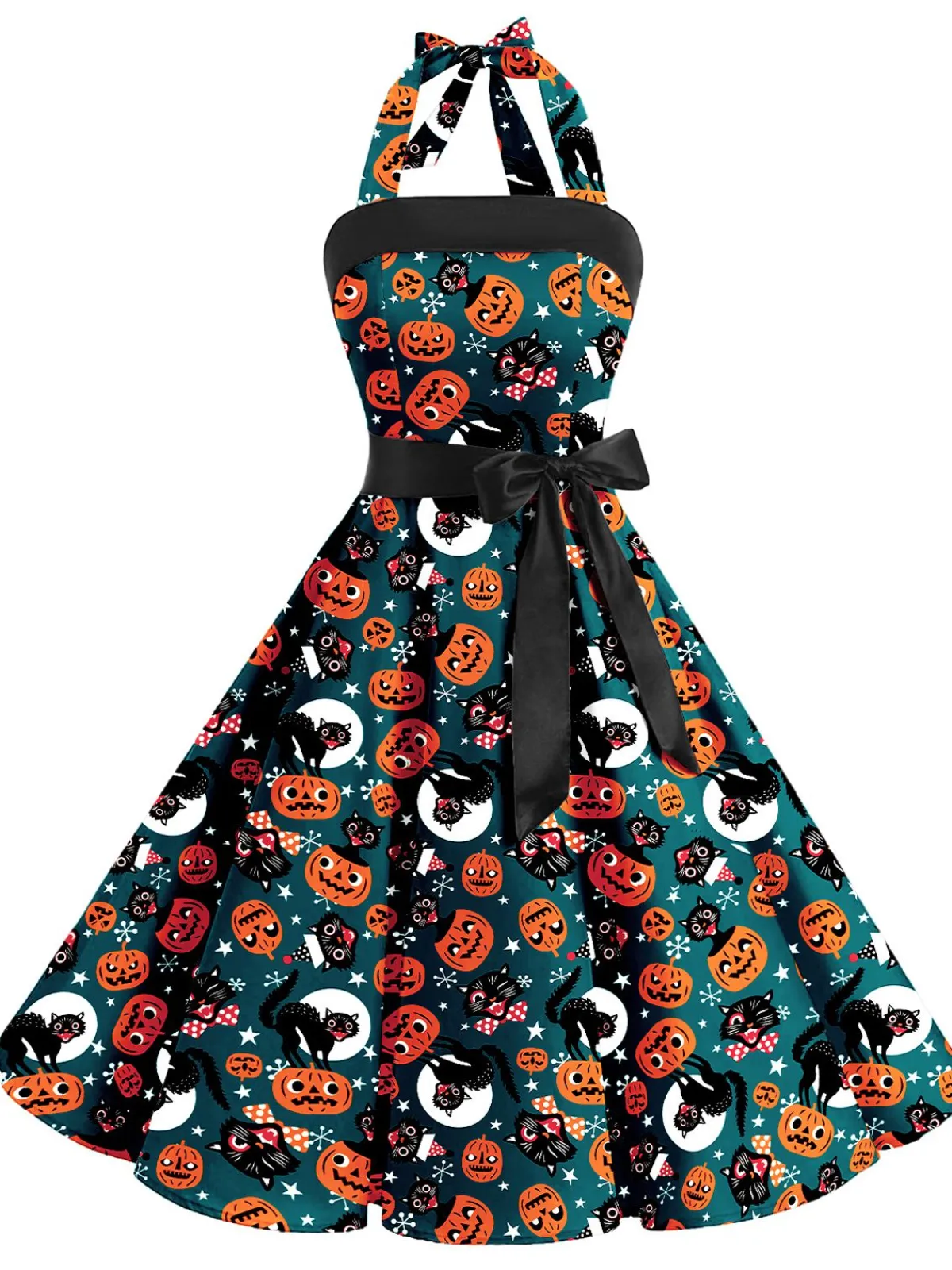 Hot Retro Stage 1950s Halter Pumpkin Swing Dress Green