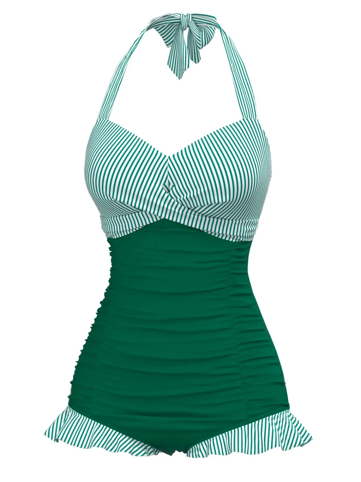Online Retro Stage Green 1940s Halter Stripe One-Piece Swimsuit Bright Green