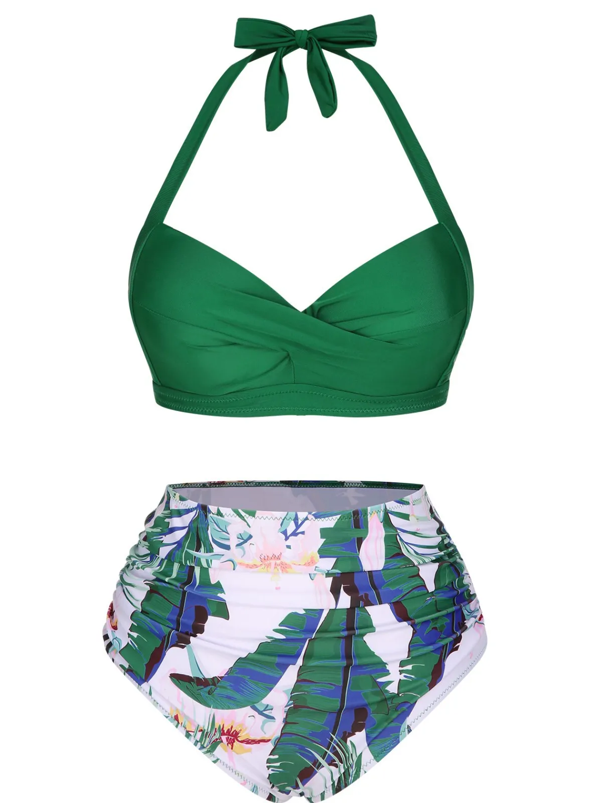 Clearance Retro Stage 1930s Halter Tropical Plants Swimsuit Green