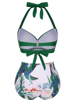 Clearance Retro Stage 1930s Halter Tropical Plants Swimsuit Green