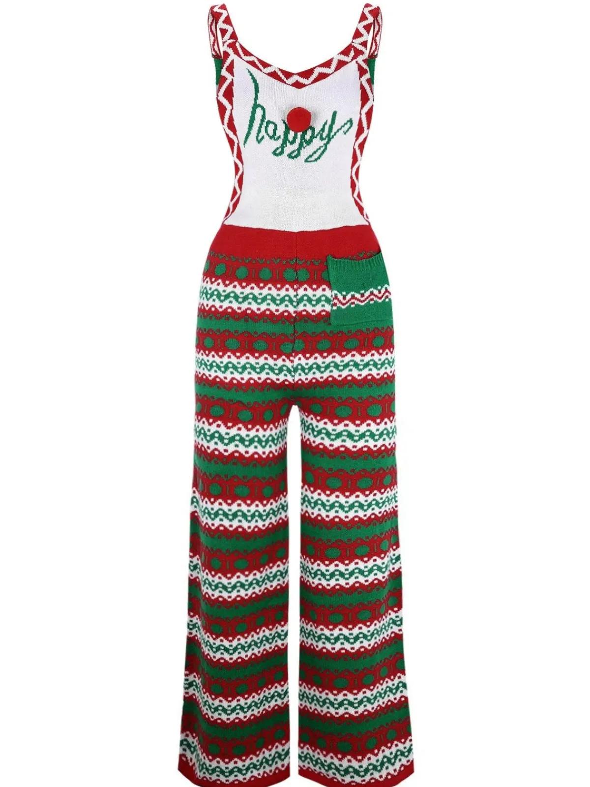 Clearance Retro Stage 1970s Happy Christmas Straps Knitted Jumpsuit Green