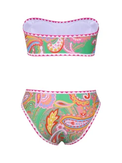 Online Retro Stage 1970s Hippie Print Bandeau Bikini Green
