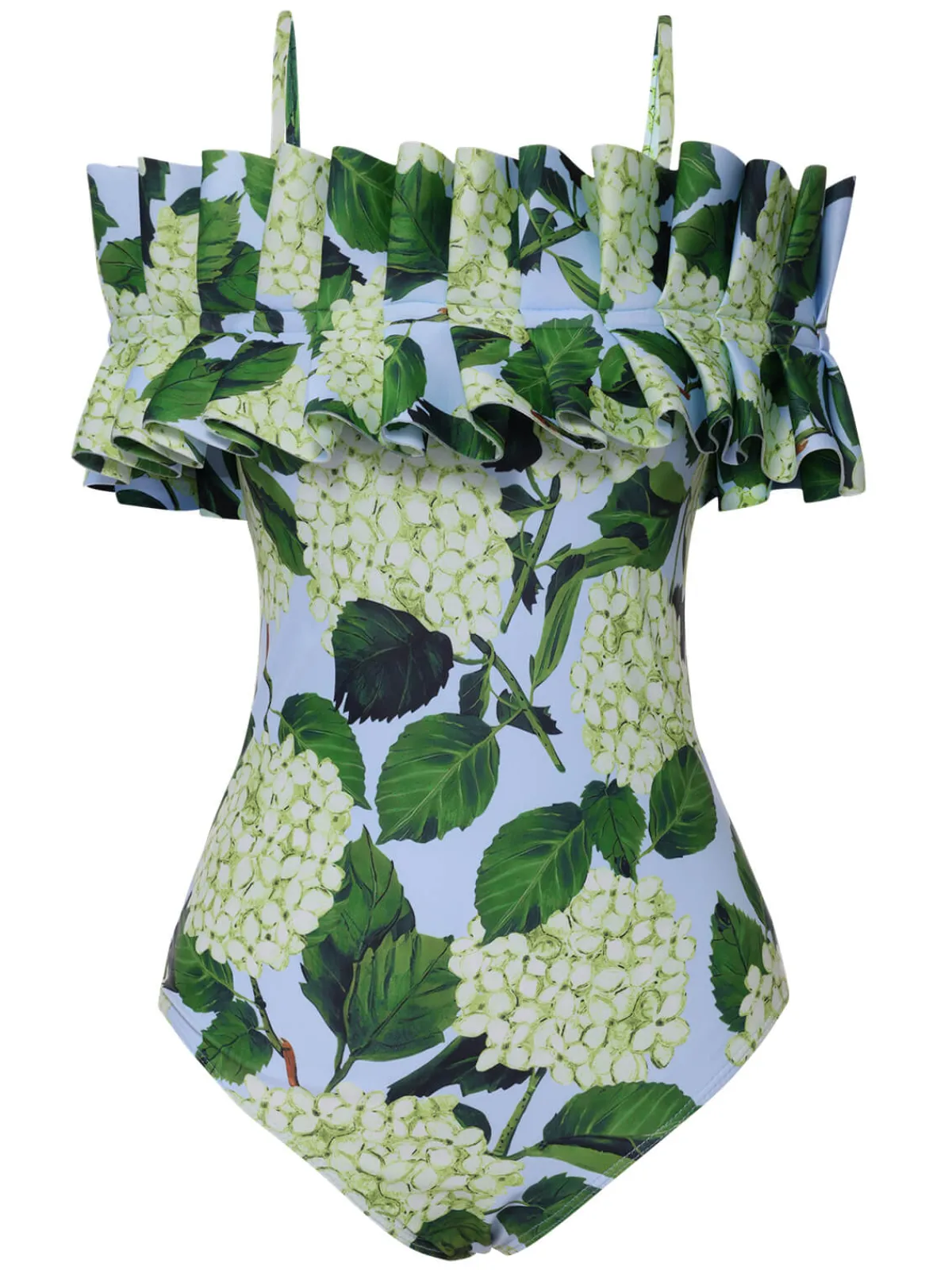 Fashion Retro Stage 1950s Hydrangea Floral Cold-Shoulder Swimsuit Green