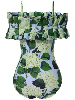 Fashion Retro Stage 1950s Hydrangea Floral Cold-Shoulder Swimsuit Green