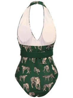 Sale Retro Stage Green 1930s Jaguar Vintage Halter One-piece Swimsuit Dark Green
