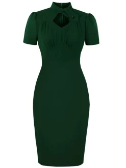 Sale Retro Stage Green 1960s Keyhole Stand Collar Pencil Dress Dark Green