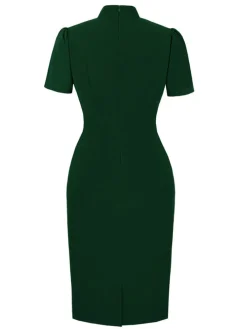 Sale Retro Stage Green 1960s Keyhole Stand Collar Pencil Dress Dark Green