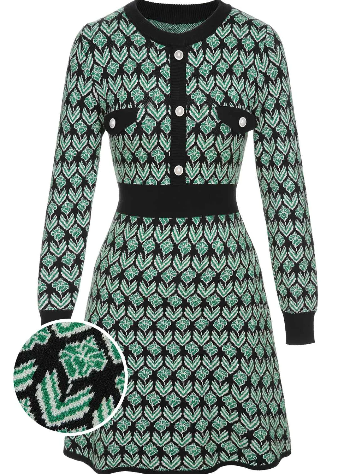 Hot Retro Stage 1940s Knitted Floral A-Line Dress Green