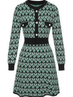 Hot Retro Stage 1940s Knitted Floral A-Line Dress Green