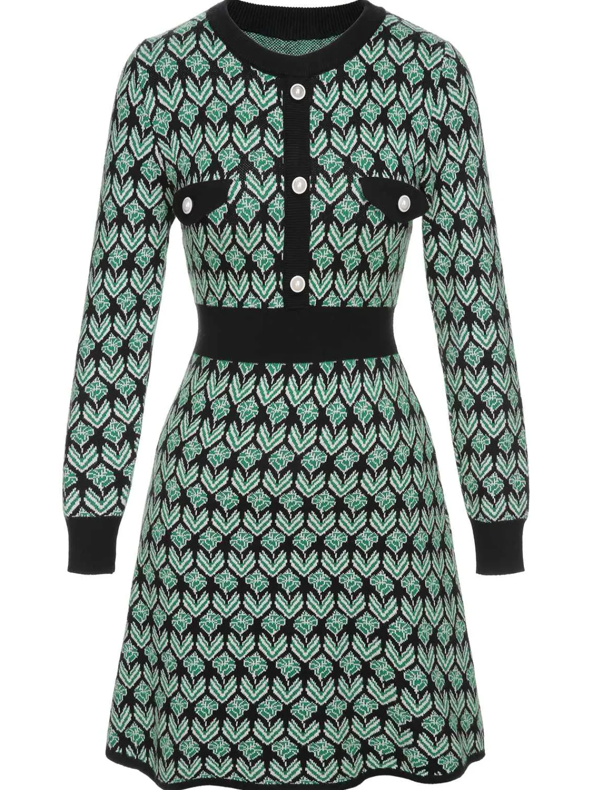 Hot Retro Stage 1940s Knitted Floral A-Line Dress Green