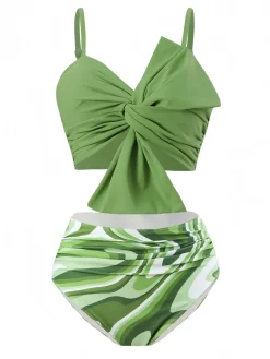 Sale Retro Stage 1960s Knotted Watercolor Straps Swimsuit Green