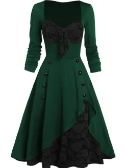 Sale Retro Stage 1950s Lace Patchwork Swing Dress Green