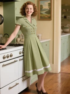 Outlet Retro Stage 1940s Lace Plaid Cotton Patchwork Dress Green