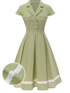 Outlet Retro Stage 1940s Lace Plaid Cotton Patchwork Dress Green