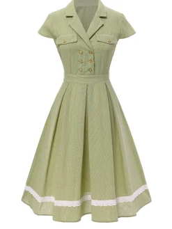 Outlet Retro Stage 1940s Lace Plaid Cotton Patchwork Dress Green