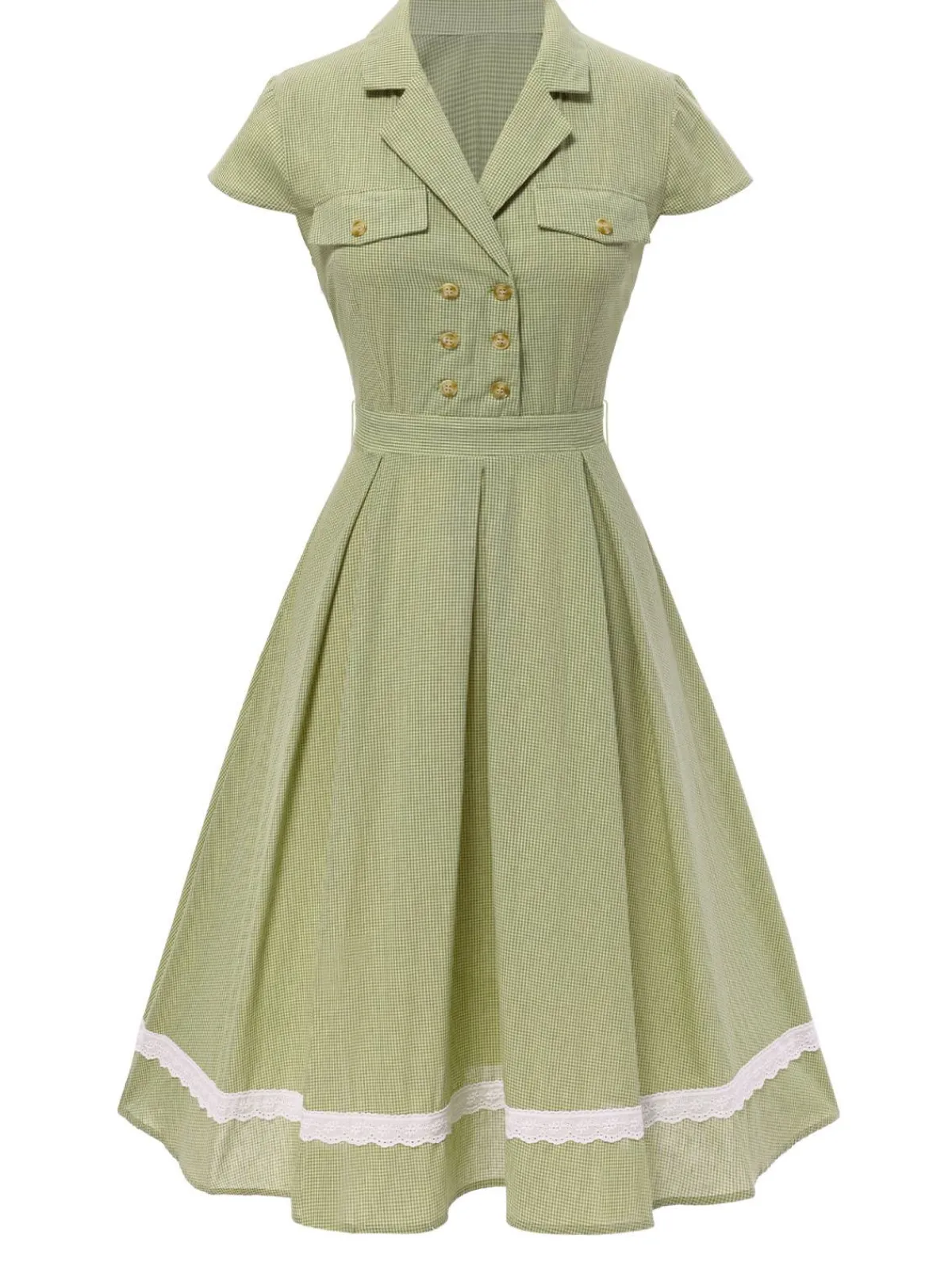 Outlet Retro Stage 1940s Lace Plaid Cotton Patchwork Dress Green
