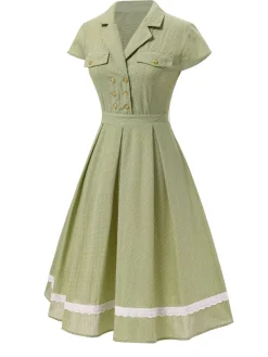 Outlet Retro Stage 1940s Lace Plaid Cotton Patchwork Dress Green