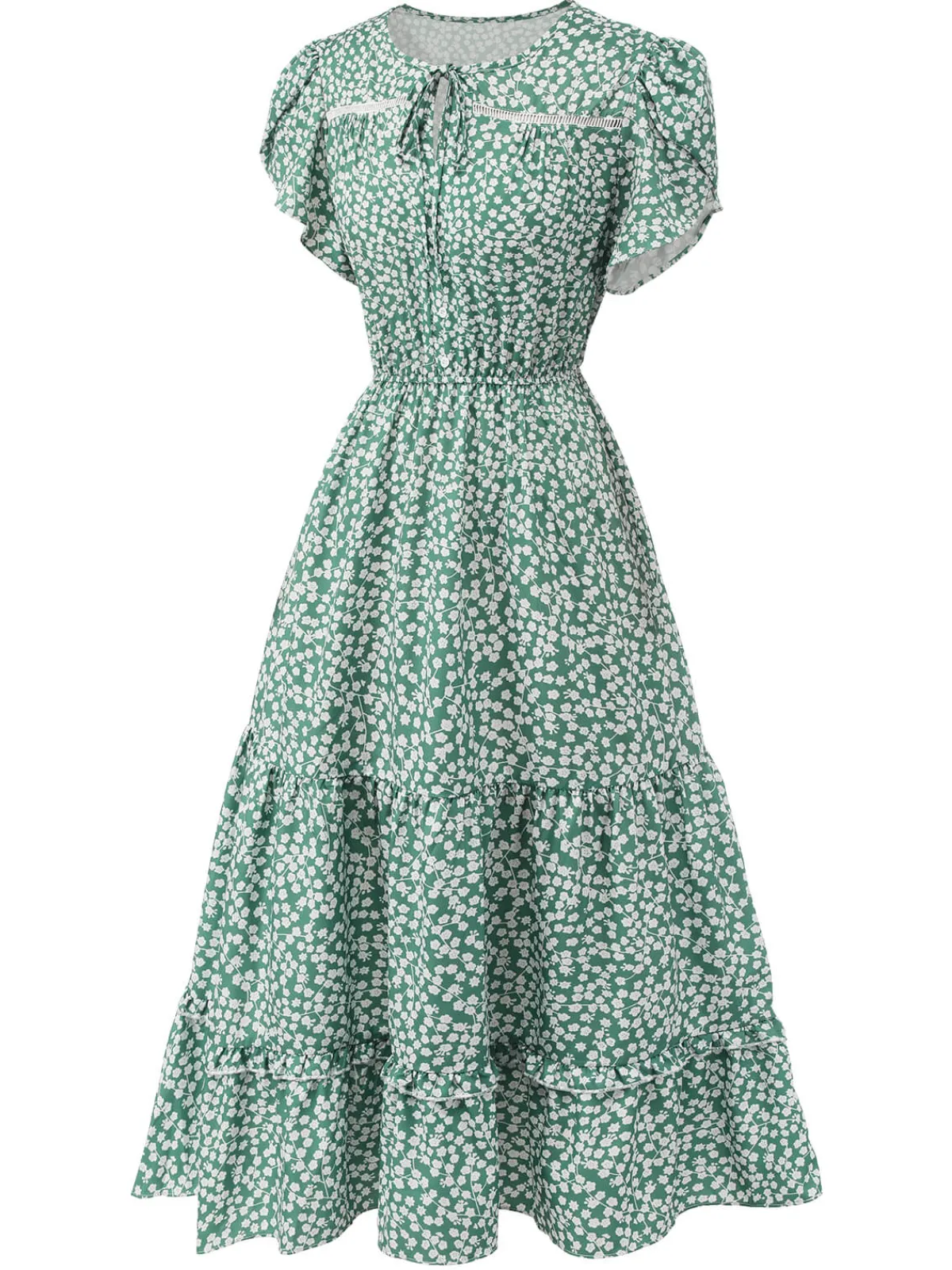 Best Retro Stage 1950s Lace-Up Collar Ditsy Floral Dress Green