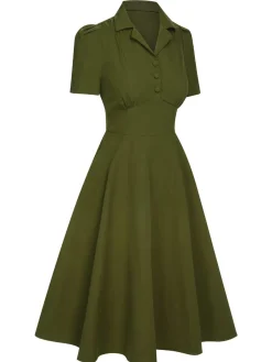 Discount Retro Stage Green 1940s Lapel Buttoned Solid Dress Army Green