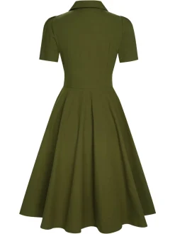 Discount Retro Stage Green 1940s Lapel Buttoned Solid Dress Army Green