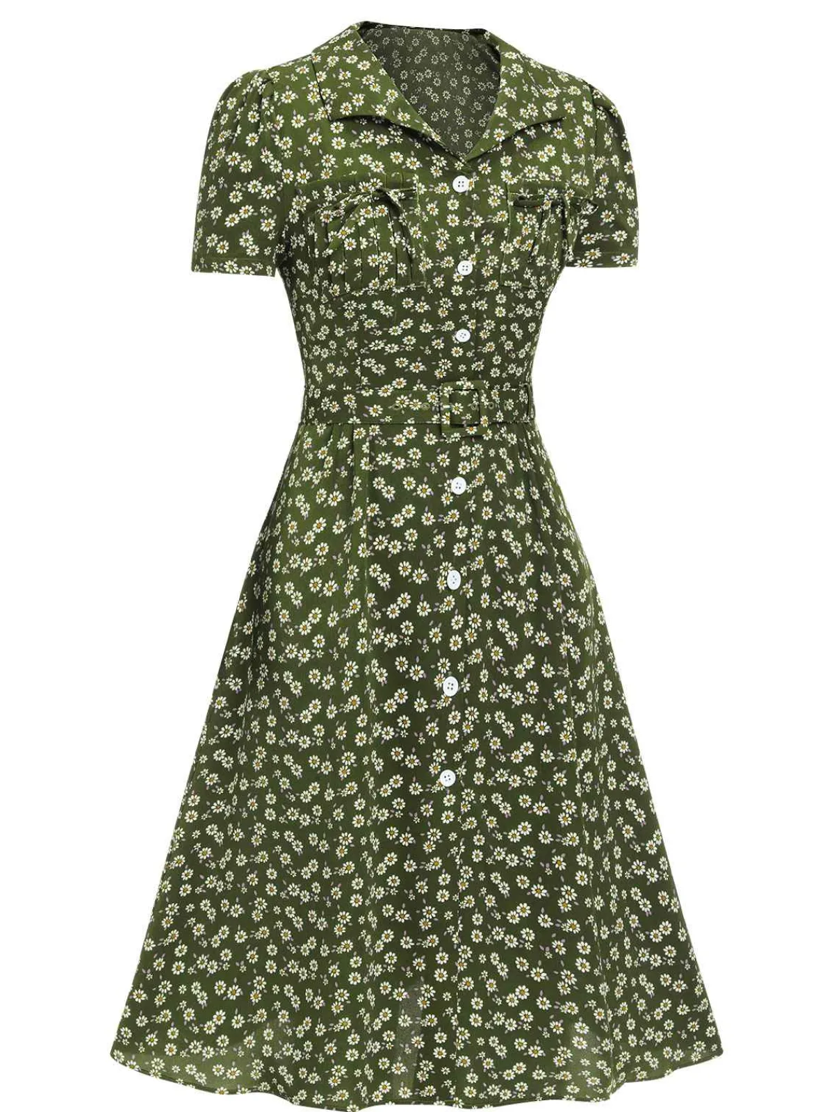 Sale Retro Stage Green 1940s Lapel Buttons Ditsy Floral Dress