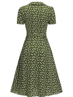 Sale Retro Stage Green 1940s Lapel Buttons Ditsy Floral Dress
