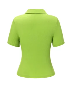 Outlet Retro Stage 1960s Lapel Knitted Solid Blouse Green
