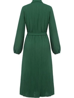 New Retro Stage 1960s Lapel Loose Belted Dress Green