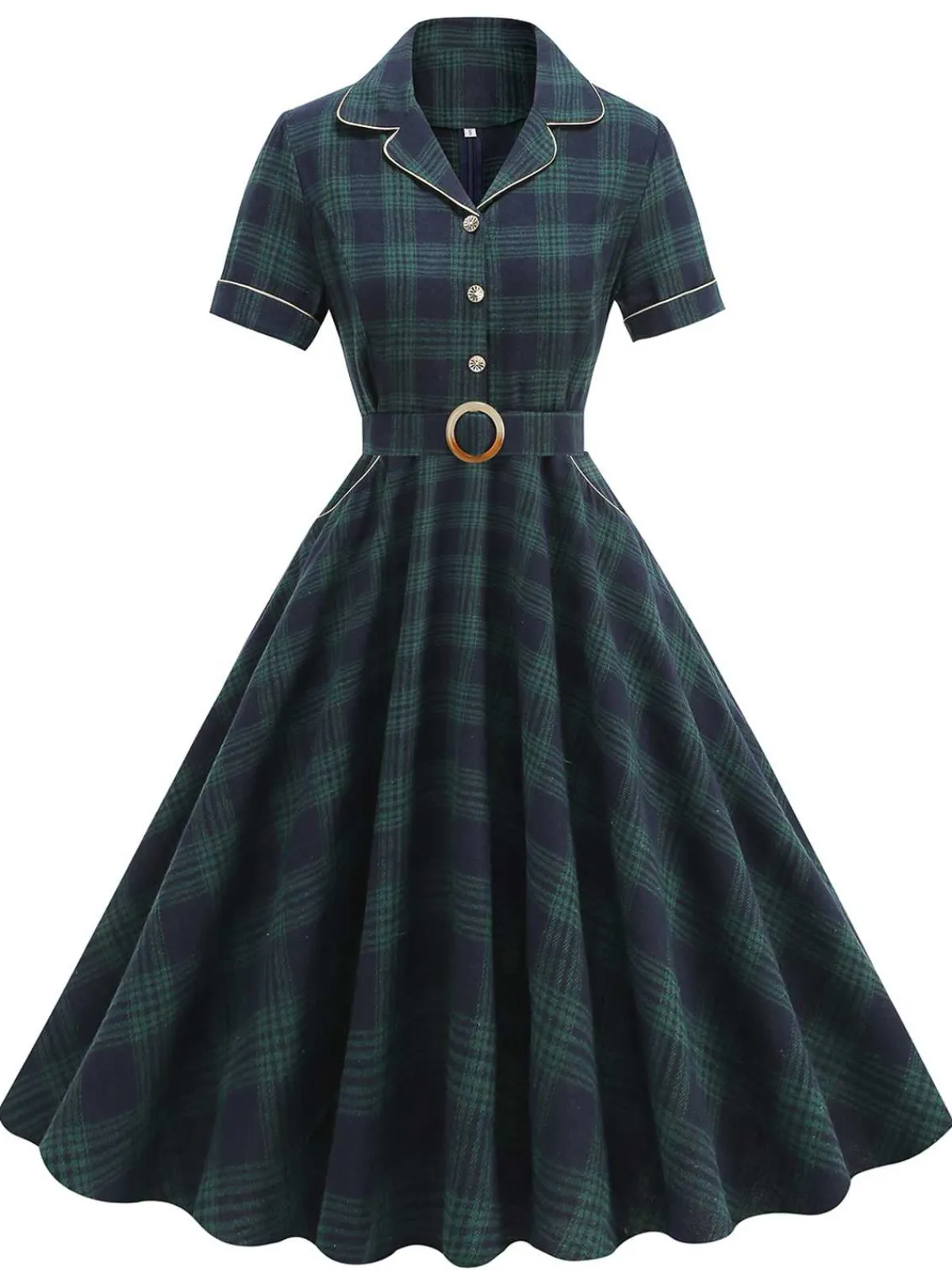 Best Retro Stage 1950s Lapel Plaids Swing Dress Green