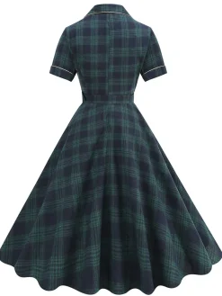 Best Retro Stage 1950s Lapel Plaids Swing Dress Green