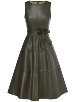Outlet Retro Stage 1950s Leather Sleeveless Belted Dress Green