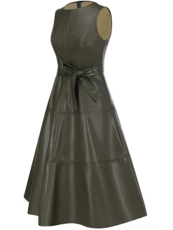 Outlet Retro Stage 1950s Leather Sleeveless Belted Dress Green