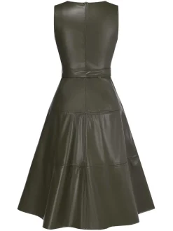 Outlet Retro Stage 1950s Leather Sleeveless Belted Dress Green
