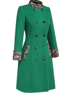 New Retro Stage 1940s Leopard Patchwork Button Coat Green