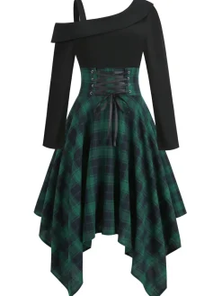 New Retro Stage 1950s Long Sleeve Patchwork Swing Dress Green