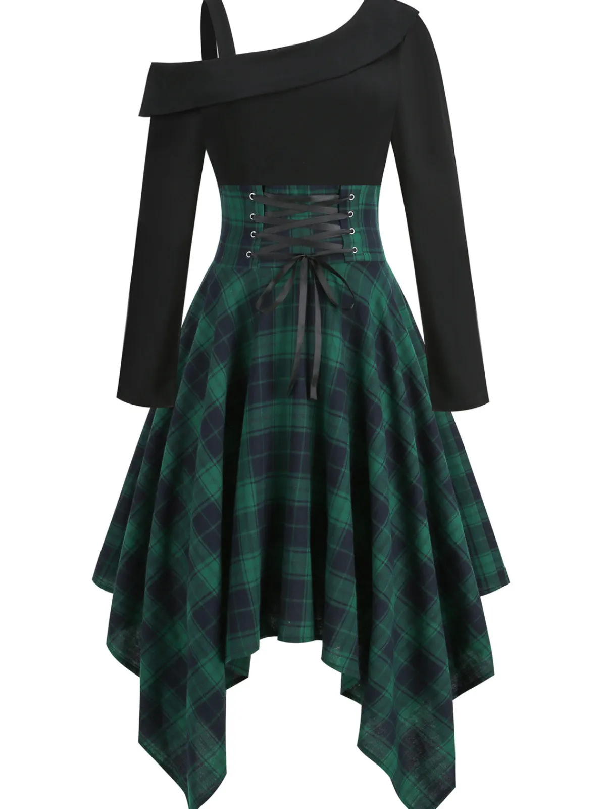 New Retro Stage 1950s Long Sleeve Patchwork Swing Dress Green