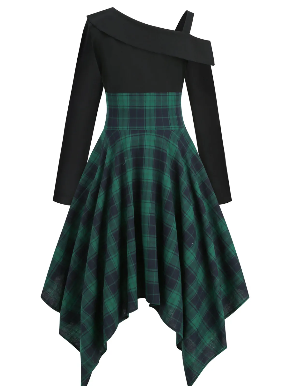 New Retro Stage 1950s Long Sleeve Patchwork Swing Dress Green