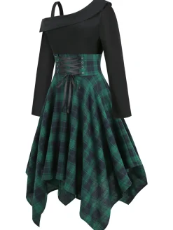 New Retro Stage 1950s Long Sleeve Patchwork Swing Dress Green