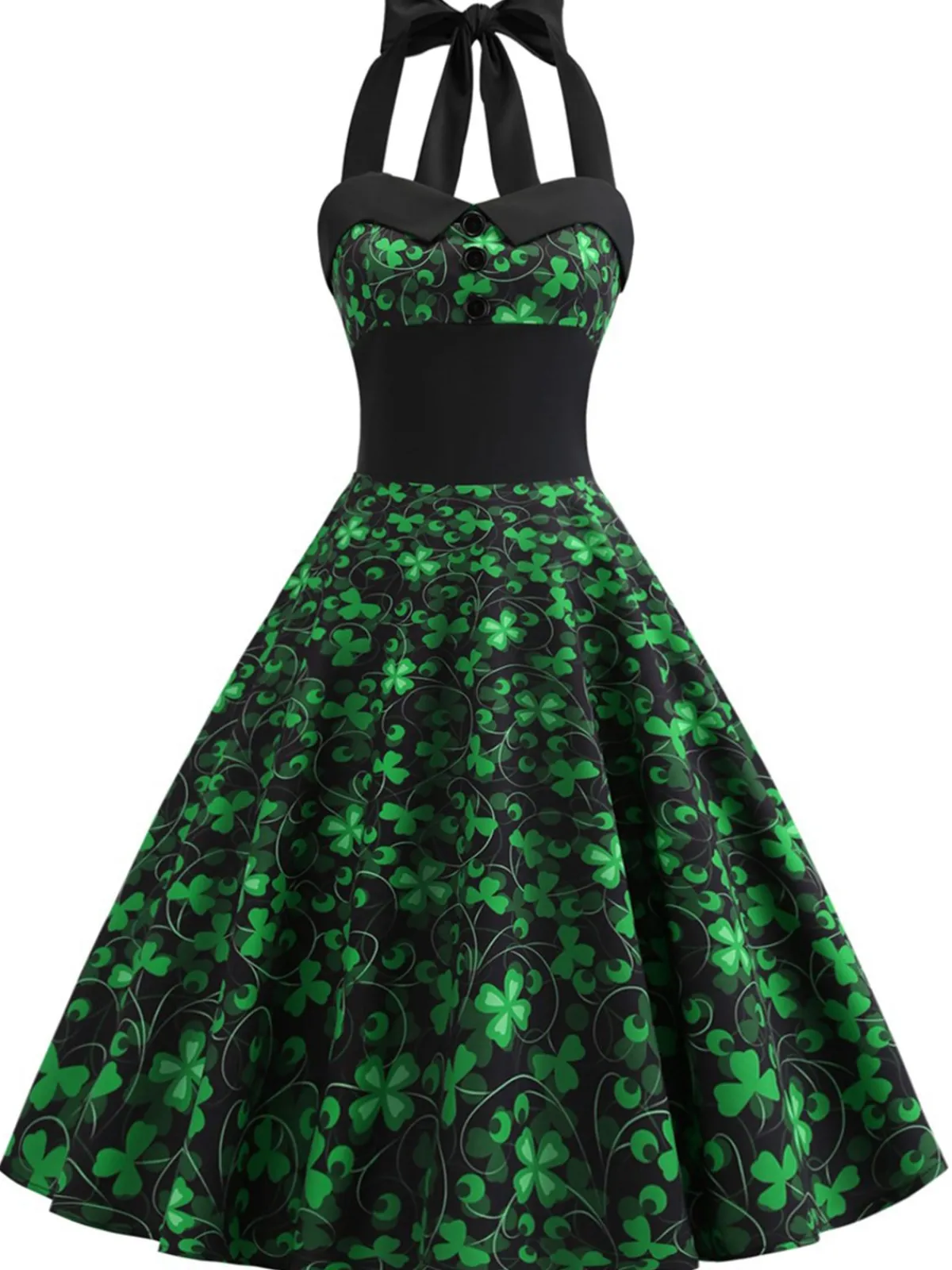Online Retro Stage 1950s Lucky Clover Halter Patchwork Dress Green