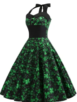 Online Retro Stage 1950s Lucky Clover Halter Patchwork Dress Green