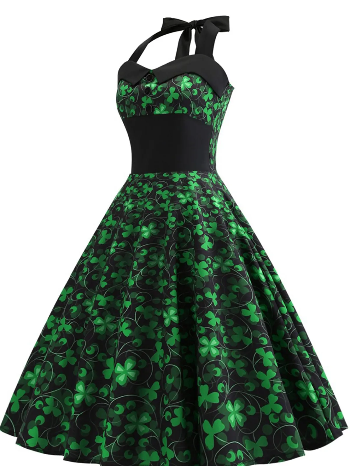 Online Retro Stage 1950s Lucky Clover Halter Patchwork Dress Green