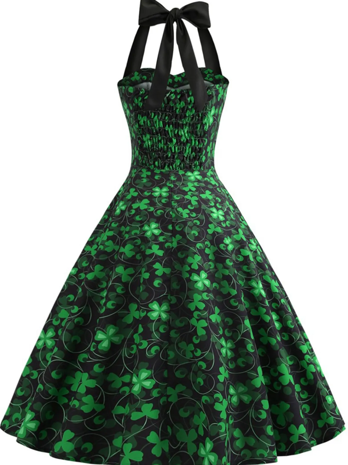 Online Retro Stage 1950s Lucky Clover Halter Patchwork Dress Green