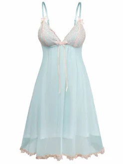 Hot Retro Stage 1960s Mesh Lace Patchwork Bow Straps Nightdress Green