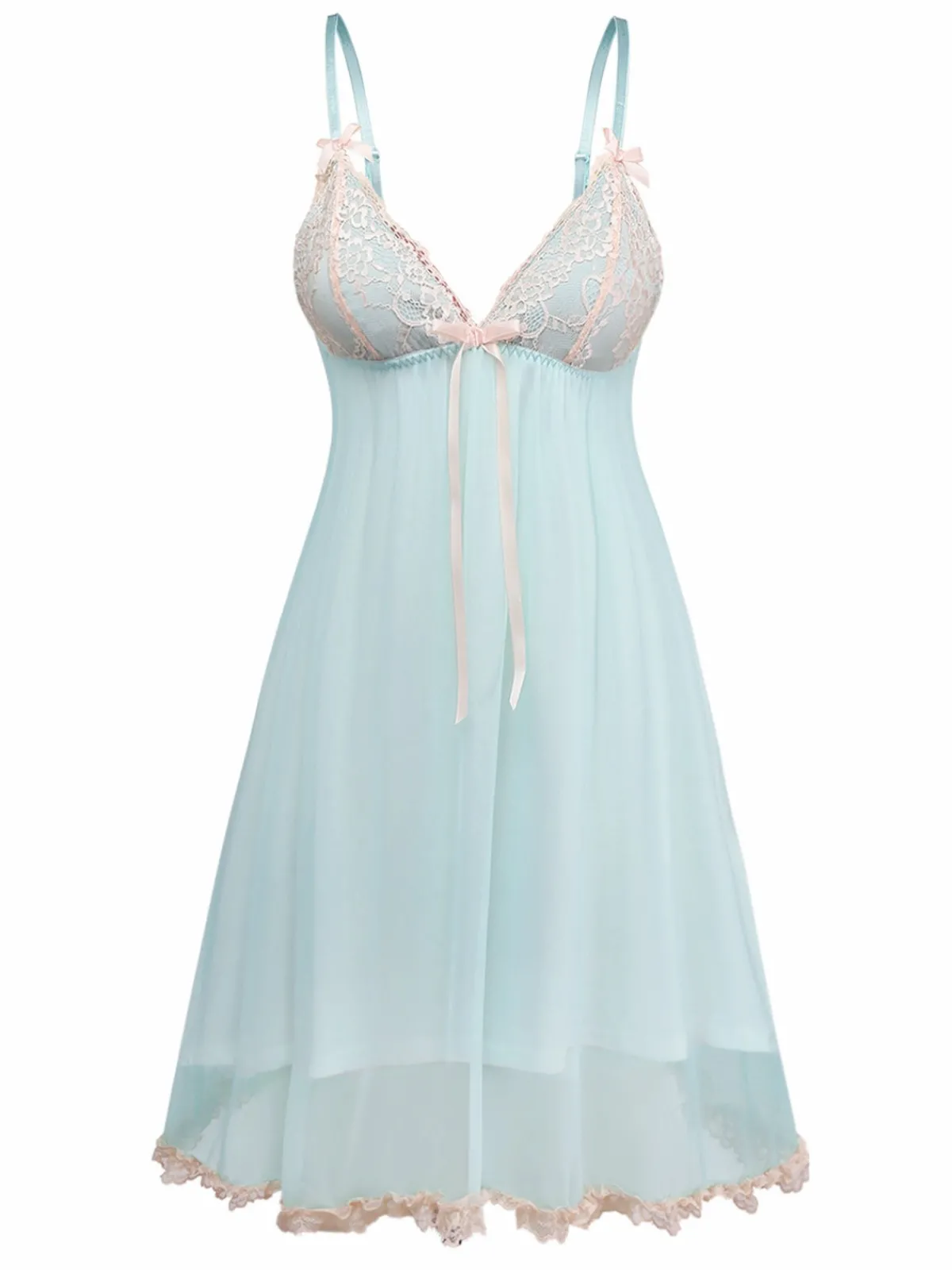 Hot Retro Stage 1960s Mesh Lace Patchwork Bow Straps Nightdress Green