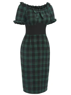 Outlet Retro Stage 1960s Off Shoulder Bow Tartan Pencil Dress Green